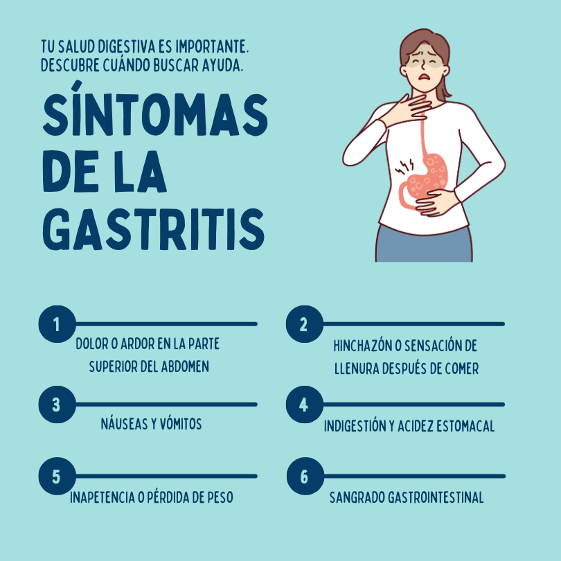 Descubre los seis síntomas clave de la gastritis en esta imagen informativa. Desde dolor abdominal hasta indigestión, conoce las señales y busca el tratamiento natural para aliviar tu malestar estomacal. Tu bienestar digestivo comienza con el conocimiento. ¡Explora más en nuestro blog!