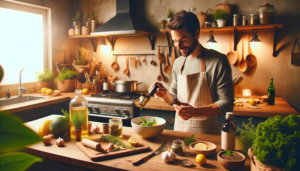 En esta cálida y acogedora cocina, capturamos el momento en que una persona innova en la gastronomía añadiendo aceites esenciales para la salud a su ensalada. Esta técnica culinaria no solo enriquece el sabor de los alimentos de forma natural, sino que también promueve una mejor digestión. La imagen muestra con detalle cómo se pueden integrar los aceites esenciales en la cocina diaria, transformando una simple ensalada en un plato más saludable y digestivo. Ideal para compartir en blogs y redes sociales dedicados a la cocina saludable y natural.
