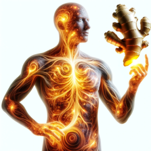 Representación artística de un humanoide con metabolismo mejorado por el jengibre. Cuerpo semi-transparente con colores naranja y amarillo brillantes simbolizando una intensa actividad metabólica. Raíz de jengibre destacada, sugiriendo su poder energizante y saludable.