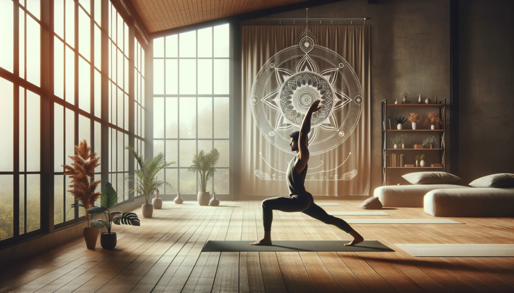 Imagen de una persona practicando yoga en un estudio minimalista con amplias ventanas. La luz natural ilumina la sala creando un ambiente cálido y acogedor. La persona está en una postura dinámica de yoga, demostrando equilibrio y concentración, como la Postura del Guerrero o la Postura del Árbol, simbolizando el uso del yoga para mejorar la fortaleza física y la claridad mental