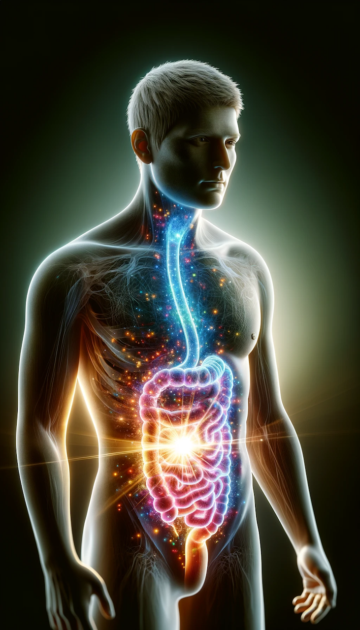 Imagen impactante que muestra un ser humano con una luz multicolor irradiando desde el estómago, simbolizando el fascinante proceso de descomposición de nutrientes. Esta representación visual, casi mágica, ilustra de manera artística y científica cómo el cuerpo humano descompone y utiliza los nutrientes. Las tonalidades vibrantes de la luz capturan la complejidad y el asombro del proceso metabólico, destacando la importancia de la nutrición y la digestión en nuestra salud. Esta imagen es una metáfora poderosa de cómo los alimentos se transforman en energía vital, un concepto clave en estudios de salud y bienestar. Ideal para artículos sobre nutrición, salud digestiva y la magia del cuerpo humano, esta imagen enriquece el contenido del blog, haciendo que sea más atractivo y relevante para los lectores interesados en comprender la ciencia detrás de la alimentación y la salud.