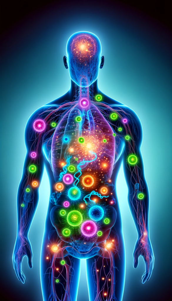 Visualización gráfica de la bioquímica humana generando energía cuántica, representada en formas luminosas que simbolizan nuestra transformación en seres de luz.