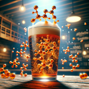 La imagen muestra una cerveza artesanal en un vaso, con moléculas de mirceno burbujeando en su interior, simbolizando una experiencia sensorial única. Este detalle visual resalta cómo las moléculas de mirceno, conocidas por sus aromas distintivos, se activan en la bebida, creando una escena atractiva. El fondo rústico complementa la estética artesanal de la cerveza, ideal para acompañar contenidos que exploran la interacción entre los ingredientes naturales y la experiencia de degustación.