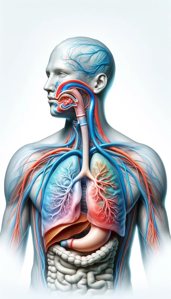 magen 3D detallada del cuerpo humano resaltando el sistema respiratorio, mostrando el flujo de oxígeno en azul y dióxido de carbono en rojo sobre un fondo blanco, perfecta para estudios de anatomía y fisiología.