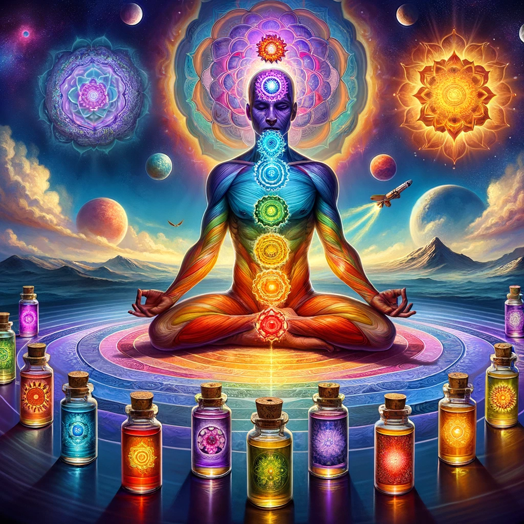 "Imagen ilustrativa que muestra la sinergia entre los chakras y los aceites esenciales, con los siete chakras principales alineados en el cuerpo humano y un frasco de aceite esencial específico para cada uno, destacando la armonía y bienestar integral para combatir enfermedades."