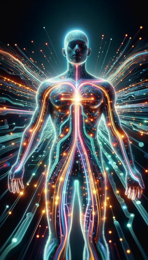 Vista completa del cuerpo humano mostrando la integración de mejoras biotecnológicas iluminadas por vías de luz multicolor, simbolizando la fusión de la energía cuántica con la fisiología humana para promover la salud.
