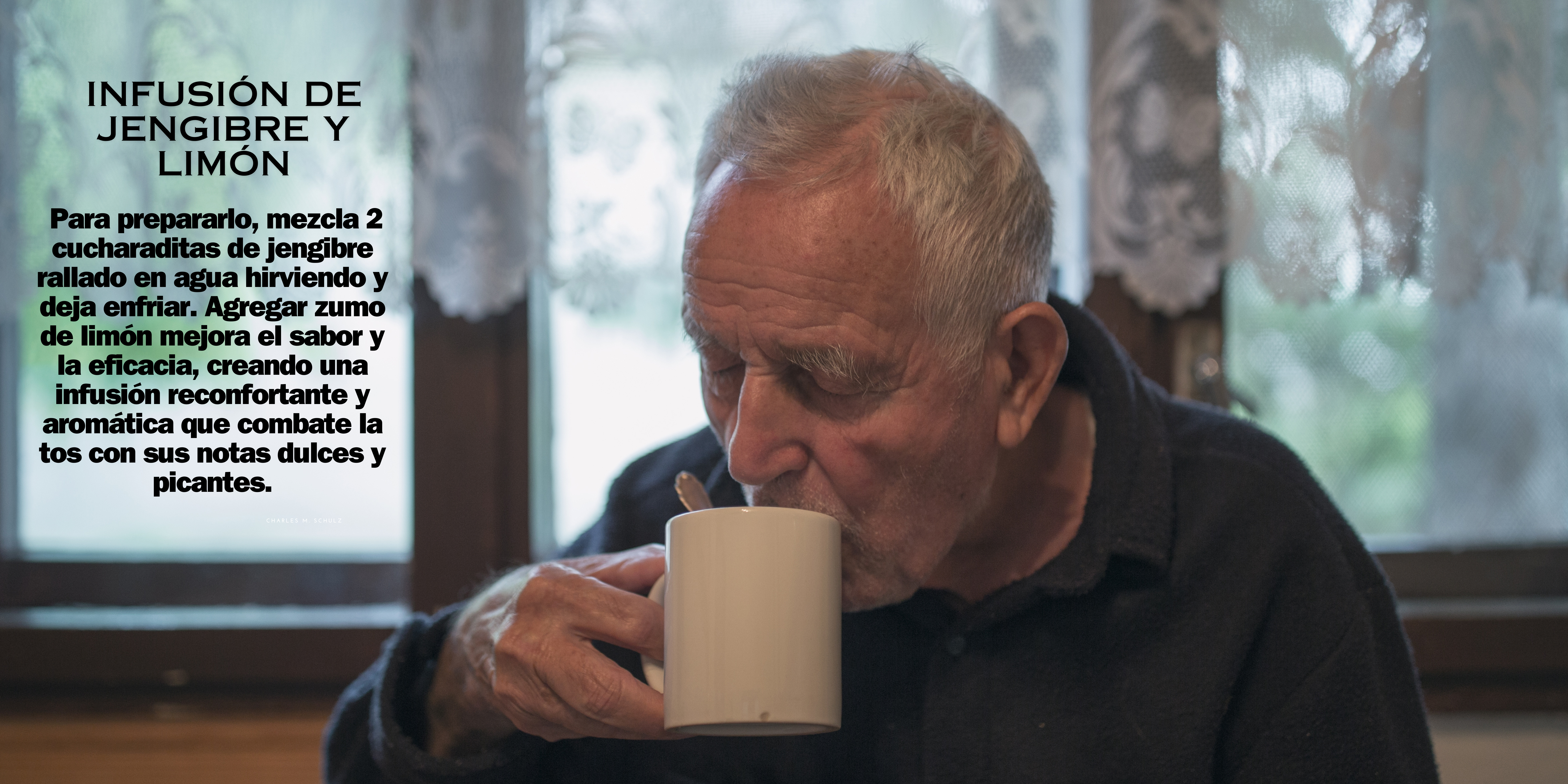 Un señor mayor disfruta de una taza de té de jengibre con limón, una infusión conocida por sus beneficios contra las infecciones respiratorias. La imagen captura un momento de calma y bienestar, ilustrando cómo los remedios naturales pueden ser una fuente de alivio y protección. Este té, rico en antioxidantes y propiedades antiinflamatorias, es perfecto para fortalecer el sistema inmunológico durante la temporada de resfriados y gripe, ofreciendo una solución natural y reconfortante para mantenerse saludable.