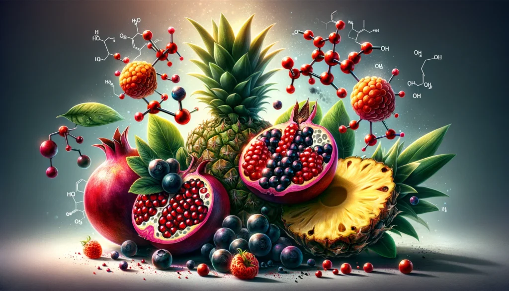 Frutas anticancerígenas vibrantes como la granada, la piña y frutos rojos con fórmulas moleculares de principios activos emergiendo, destacando los beneficios para la salud y la prevención del cáncer en una imagen detallada y artística.
