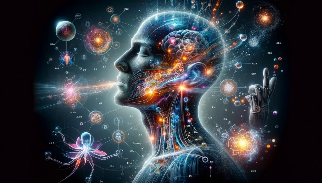 Representación visual de nutrición cuántica mostrando la absorción de energía y luz a través de los cinco sentidos humanos, detallando cómo se integra y moviliza a nivel molecular y celular dentro del cuerpo. Ilustración detallada y realista que captura el proceso de liberación de energía al romper enlaces moleculares y el movimiento de electrones en 'autopistas' celulares para optimizar el bienestar. Perfecto para comprensión de la conexión entre nutrición cuántica y salud humana.