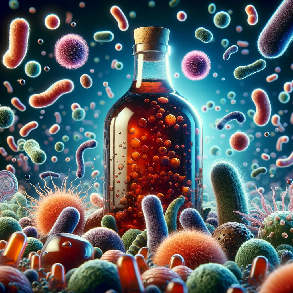 Imagen ilustrativa de fermentación con vinagre destacado en un recipiente etiquetado, rodeado de microorganismos y burbujas activas, capturando el proceso vital para la salud de la microbiota.