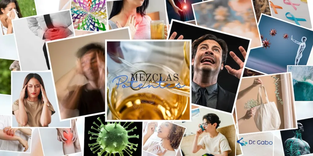 Montaje dinámico de imágenes que representan diversas situaciones de salud y bienestar, con un enfoque en la aromaterapia y aceites esenciales. Se muestra el texto ‘Mezclas Potentes’ sobre una imagen central de aceite dorado, rodeado de fotos de personas experimentando dolor, estrés y la influencia de virus, junto a escenas de naturaleza y sanación, subrayando la versatilidad de los aceites esenciales y su capacidad para potenciar la salud de manera natural.