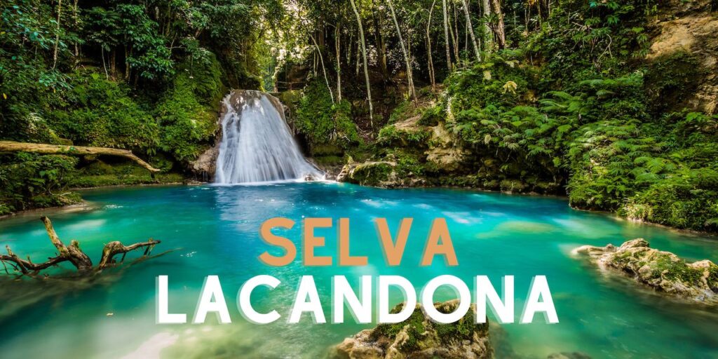 La impactante belleza de la Selva Lacandona, un oasis de biodiversidad en México, con una cascada cristalina y vegetación exuberante, resaltando la riqueza natural de donde seguramente existen plantas medicinales'.