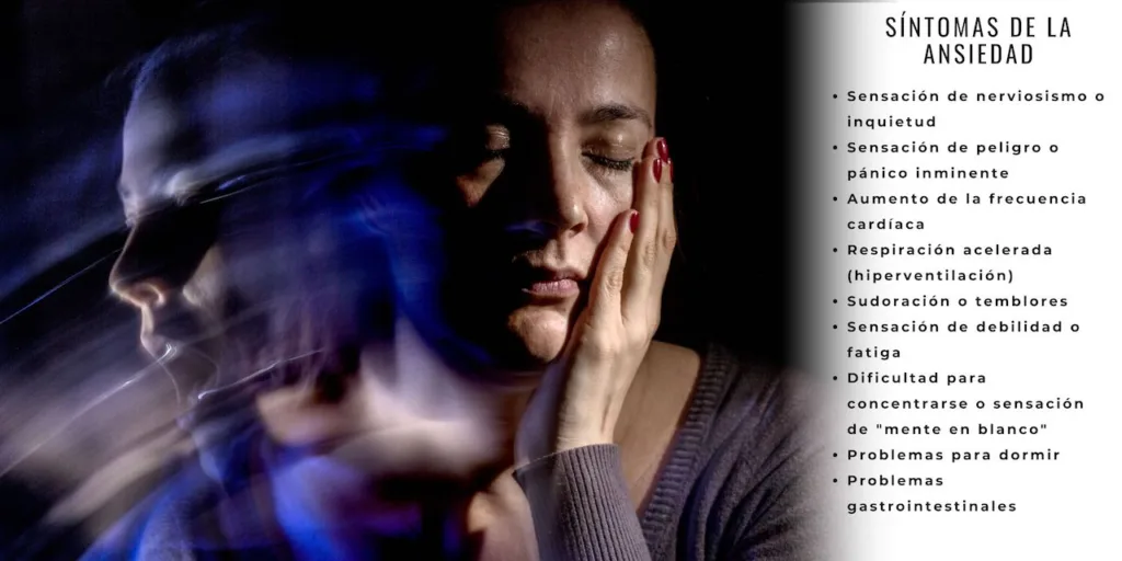 Mujer con expresión de angustia, con imágenes superpuestas que sugieren movimiento, acompañada de una lista de síntomas de ansiedad como nerviosismo, dificultad para respirar y problemas para dormir, destacando la necesidad de alivio que pueden ofrecer los aceites esenciales.