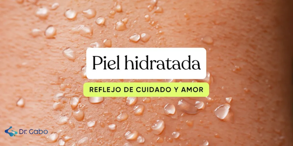 Primer plano de una piel con gotas de agua, junto a las palabras 'Piel hidratada, reflejo de cuidado y amor', resaltando la importancia del amor propio a través del cuidado de la piel con aceites esenciales