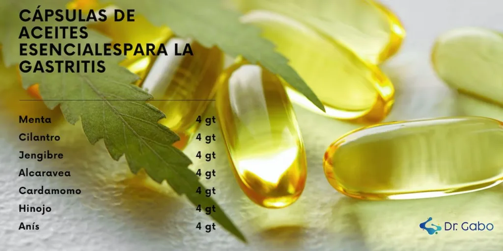 Cápsulas translúcidas de aceites esenciales con una hoja de menta en primer plano, acompañadas de una lista de ingredientes naturales como cilantro, jengibre y anís, indicados para aliviar síntomas de gastritis. La imagen enfoca el uso seguro de aceites esenciales para consumo interno, resaltando su potencial terapéutico en el manejo de condiciones gastrointestinales.