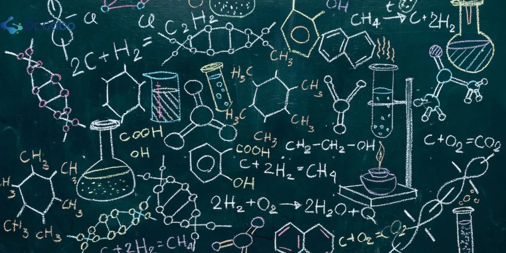 Un conjunto de fórmulas químicas y estructuras moleculares relacionadas con la destilación y extracción de compuestos para aceites esenciales, dibujadas con tiza en una pizarra negra, destacando la complejidad y la ciencia detrás de la fabricación de aceites esenciales.
