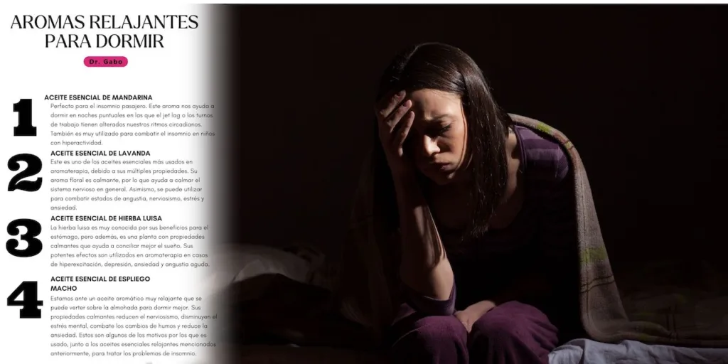 Mujer visiblemente frustrada y fatigada por la falta de sueño, con texto informativo sobre aceites esenciales como mandarina y lavanda que ayudan a mejorar el sueño. La imagen comunica cómo estos aceites pueden combatir el insomnio y promover un descanso reparador.