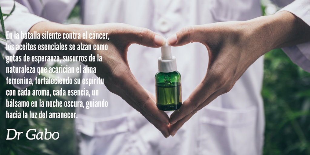 Una persona forma un corazón con sus manos alrededor de su vientre, enmarcando un frasco de aceite esencial. La frase poética describe cómo los aceites esenciales naturales ofrecen esperanza y consuelo en la lucha contra el cáncer, simbolizando un susurro de fortaleza y luz para el espíritu femenino.