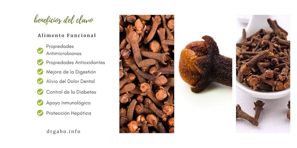 Infografía que destaca los beneficios del clavo como alimento funcional, resaltando sus propiedades antimicrobianas, antioxidantes, y apoyo a la salud digestiva y dental. Acompañadas de imágenes de clavos enteros y molidos, perfectamente alineada con el artículo 'Beneficios de los Alimentos Funcionales: El Poder de las Hierbas Aromáticas en Tu Dieta' en el blog. Utiliza palabras clave como 'beneficios del clavo', 'alimentos funcionales', 'hierbas aromáticas', 'salud natural', y 'dieta saludable' para mejorar el SEO y el ranking en las búsquedas de Google.