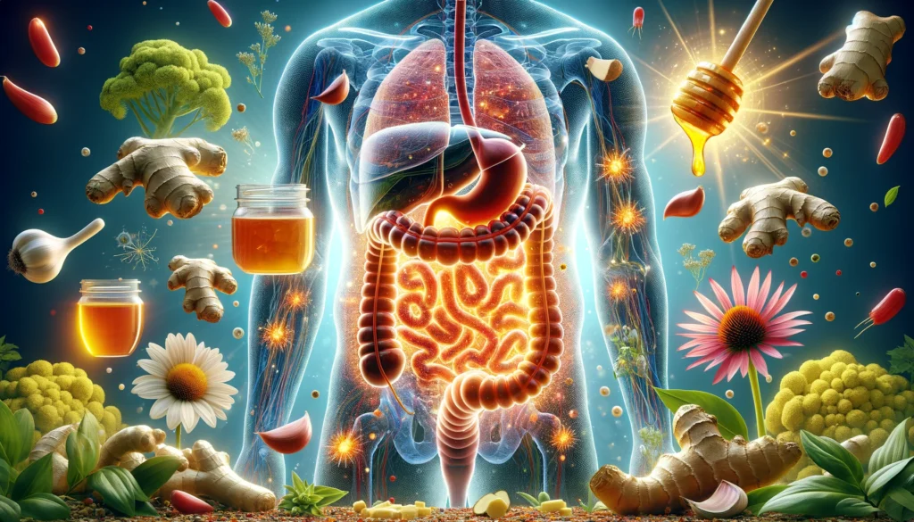 La imagen ilustra poderosamente la presencia de antibióticos naturales dentro del sistema digestivo humano, presentando una silueta transparente del tracto intestinal donde elementos como dientes de ajo, gotas de miel, raíces de jengibre y flores de equinácea se destacan. Estos elementos naturales emiten barreras protectoras y ondas de energía luminosas, simbolizando su capacidad para combatir eficazmente las bacterias dañinas y promover una microbiota intestinal saludable. La composición vibrante y detallada subraya la importancia de los antibióticos naturales en mantener la salud y el bienestar general, haciendo eco del tema central del blog "Microbiota Saludable: Descubre el Secreto para una Vida Plena y Energética".