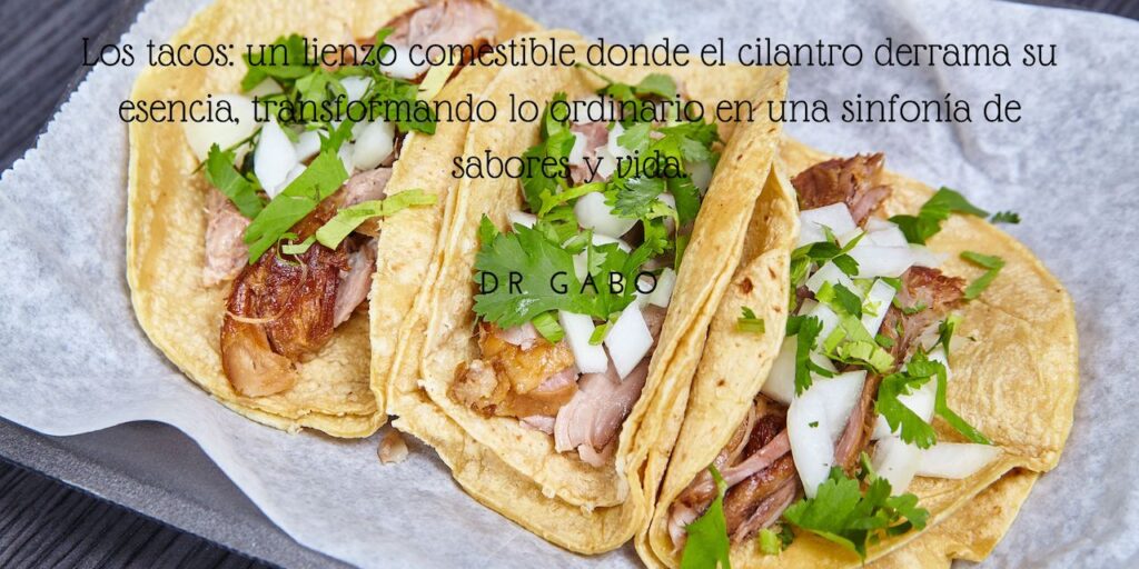 Plato de tacos mexicanos, generosamente adornados con cilantro fresco picado, reflejando cómo este ingrediente esencial 'da vida' a los platos tradicionales. Explora los beneficios y usos del cilantro en nuestra guía culinaria.