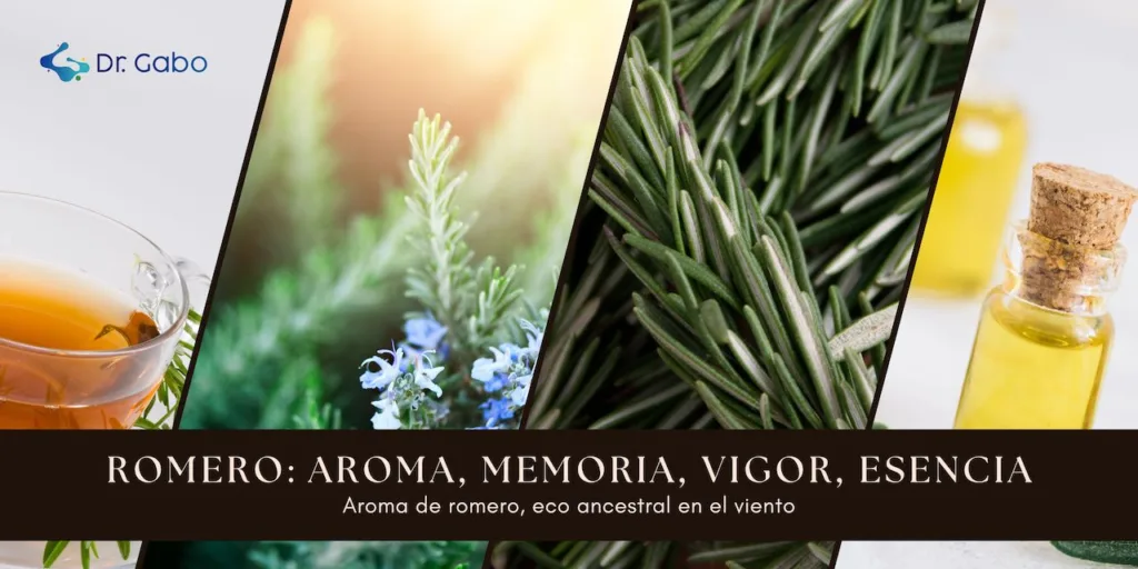 Imágenes de romero fresco, aceite esencial y té de romero, con la frase 'Romero: aroma, memoria, vigor, esencia', capturando los beneficios multifacéticos de esta planta. Perfecto para el artículo 'Beneficios del Romero: Claves para Potenciar tu Salud y Energía de Forma Natural' en nuestro blog de bienestar y salud.