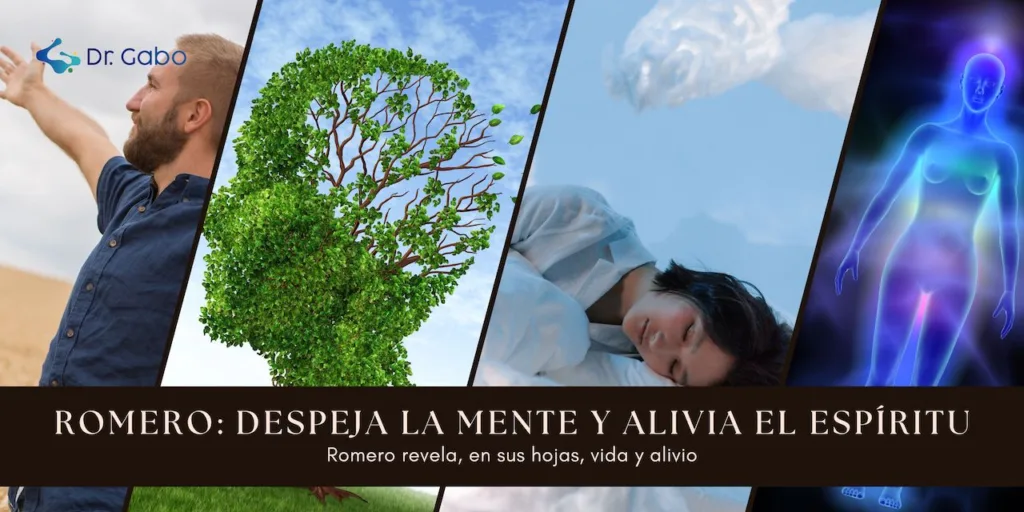 Collage de cuatro imágenes destacando los beneficios del romero para promover la salud y energía naturalmente. La primera imagen muestra a un hombre con los brazos abiertos frente a un cielo claro, simbolizando la vitalidad que el romero aporta. La segunda imagen revela un árbol frondoso, representando la creatividad y la mente despejada que se asocia con el uso del romero. La tercera imagen muestra a una persona en un sueño profundo, ilustrando cómo el romero contribuye a la calidad del descanso y a volver a soñar. La cuarta imagen exhibe una silueta humana rodeada de un aura colorida que representa la energía cuántica, sugiriendo el equilibrio energético que el romero puede facilitar. Estas imágenes capturan visualmente la esencia de la vitalidad, la creatividad, el sueño reparador y la energía balanceada para un estilo de vida saludable y pleno
