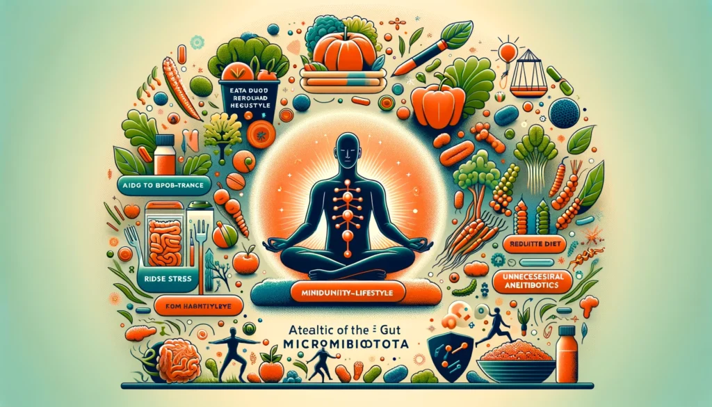 Esta imagen inspiradora destaca acciones esenciales para cuidar la microbiota intestinal, promoviendo una dieta variada, mindfulness, ejercicio regular y uso prudente de antibióticos. Representa visualmente la importancia de una alimentación rica, el equilibrio emocional y la actividad física en el mantenimiento de la salud intestinal. A través de símbolos de crecimiento y equilibrio, motiva a adoptar hábitos saludables que benefician el bienestar general, resaltando cómo pequeños cambios pueden mejorar significativamente nuestra salud.