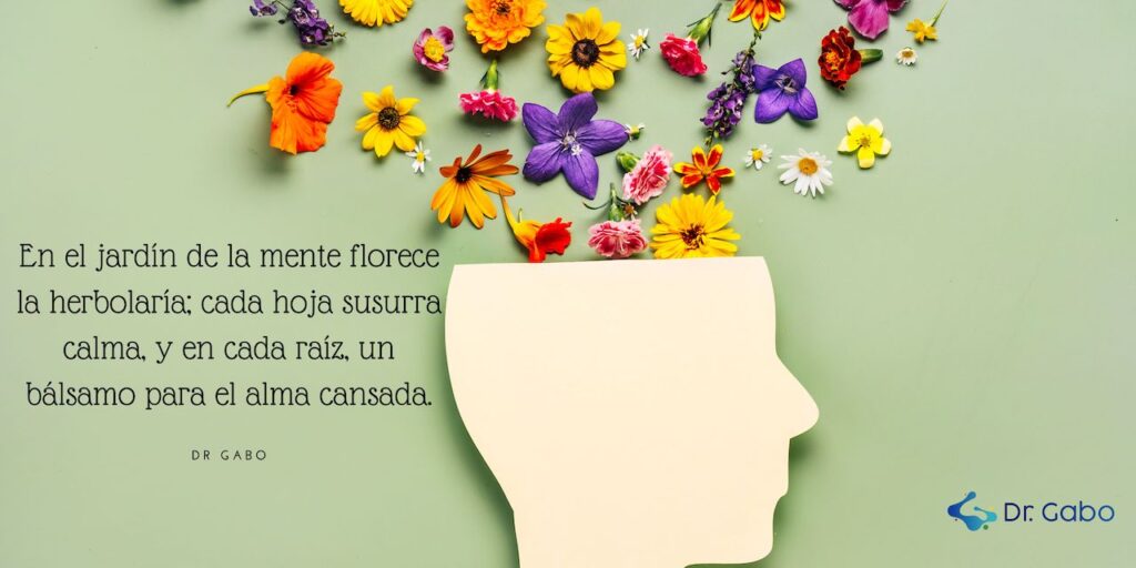 Silueta de una cabeza humana perfilada contra un fondo verde pastel, rodeada por una variedad de flores coloridas y la frase poética sobre la herbolaría y la salud mental, destacando la conexión entre la naturaleza y el bienestar emocional para el blog 'Beneficios de la Lavanda: Cómo Mejorar tu Salud Mental y Física'.