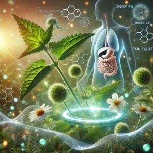 Ilustración realista que combina elementos de naturaleza y tecnología para destacar los beneficios de la Artemisia ludoviciana (Estafiate). La planta está representada con detalle, mostrando sus hojas y flores. Gráficos digitales flotantes simbolizan sus propiedades digestivas, analgésicas y su apoyo a la salud menstrual, con elementos futuristas como hologramas, moléculas estilizadas y patrones de energía que conectan la planta con el cuerpo humano. El fondo combina un entorno natural con toques tecnológicos, utilizando colores vibrantes como verdes profundos, dorados y azul eléctrico para transmitir vitalidad y modernidad.